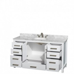 60 inch Single Bathroom Vanity in White, White Carrera Marble Countertop, Undermount Oval Sink, and No Mirror