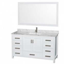 60 inch Single Bathroom Vanity in White, White Carrera Marble Countertop, Undermount Square Sink, and 58 inch Mirror