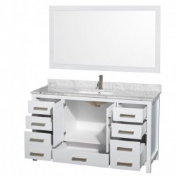 60 inch Single Bathroom Vanity in White, White Carrera Marble Countertop, Undermount Square Sink, and 58 inch Mirror