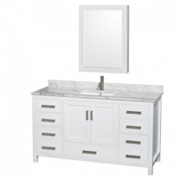 60 inch Single Bathroom Vanity in White, White Carrera Marble Countertop, Undermount Square Sink, and Medicine Cabinet