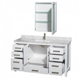 60 inch Single Bathroom Vanity in White, White Carrera Marble Countertop, Undermount Square Sink, and Medicine Cabinet