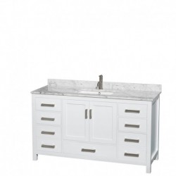 60 inch Single Bathroom Vanity in White, White Carrera Marble Countertop, Undermount Square Sink, and No Mirror
