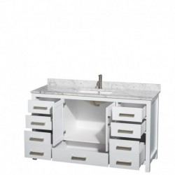 60 inch Single Bathroom Vanity in White, White Carrera Marble Countertop, Undermount Square Sink, and No Mirror