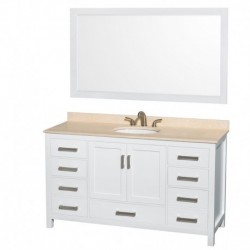 60 inch Single Bathroom Vanity in White, Ivory Marble Countertop, Undermount Oval Sink, and 58 inch Mirror