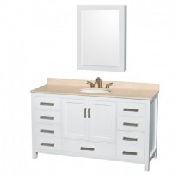 60 inch Single Bathroom Vanity in White, Ivory Marble Countertop, Undermount Oval Sink, and Medicine Cabinet