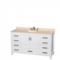 60 inch Single Bathroom Vanity in White, Ivory Marble Countertop, Undermount Oval Sink, and No Mirror