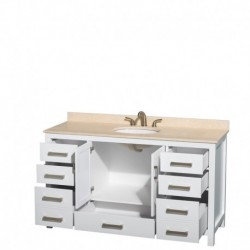 60 inch Single Bathroom Vanity in White, Ivory Marble Countertop, Undermount Oval Sink, and No Mirror
