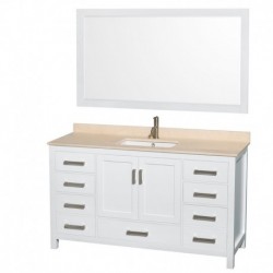 60 inch Single Bathroom Vanity in White, Ivory Marble Countertop, Undermount Square Sink, and 58 inch Mirror