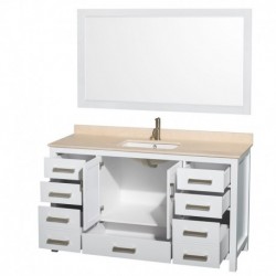 60 inch Single Bathroom Vanity in White, Ivory Marble Countertop, Undermount Square Sink, and 58 inch Mirror