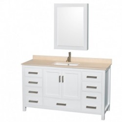 60 inch Single Bathroom Vanity in White, Ivory Marble Countertop, Undermount Square Sink, and Medicine Cabinet