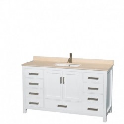 60 inch Single Bathroom Vanity in White, Ivory Marble Countertop, Undermount Square Sink, and No Mirror