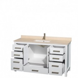 60 inch Single Bathroom Vanity in White, Ivory Marble Countertop, Undermount Square Sink, and No Mirror