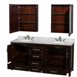 72 inch Double Bathroom Vanity in Espresso, White Carrera Marble Countertop, Undermount Oval Sinks, and Medicine Cabinets