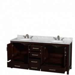 72 inch Double Bathroom Vanity in Espresso, White Carrera Marble Countertop, Undermount Oval Sinks, and No Mirror