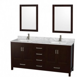 72 inch Double Bathroom Vanity in Espresso, White Carrera Marble Countertop, Undermount Square Sinks, and 24 inch Mirrors