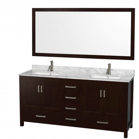 72 inch Double Bathroom Vanity in Espresso, White Carrera Marble Countertop, Undermount Square Sinks, and 70 inch Mirror