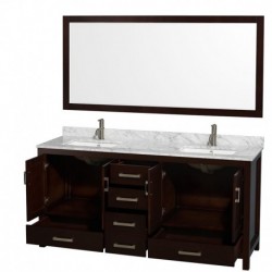72 inch Double Bathroom Vanity in Espresso, White Carrera Marble Countertop, Undermount Square Sinks, and 70 inch Mirror