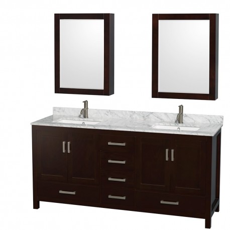 72 inch Double Bathroom Vanity in Espresso, White Carrera Marble Countertop, Undermount Square Sinks, and Medicine Cabinets