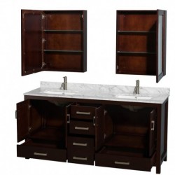 72 inch Double Bathroom Vanity in Espresso, White Carrera Marble Countertop, Undermount Square Sinks, and Medicine Cabinets