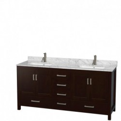 72 inch Double Bathroom Vanity in Espresso, White Carrera Marble Countertop, Undermount Square Sinks, and No Mirror