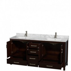 72 inch Double Bathroom Vanity in Espresso, White Carrera Marble Countertop, Undermount Square Sinks, and No Mirror