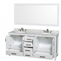 72 inch Double Bathroom Vanity in White, White Carrera Marble Countertop, Undermount Oval Sinks, and 70 inch Mirror