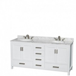 72 inch Double Bathroom Vanity in White, White Carrera Marble Countertop, Undermount Oval Sinks, and 70 inch Mirror
