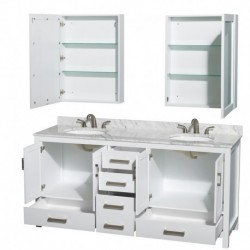 72 inch Double Bathroom Vanity in White, White Carrera Marble Countertop, Undermount Oval Sinks, and Medicine Cabinets