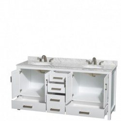 72 inch Double Bathroom Vanity in White, White Carrera Marble Countertop, Undermount Oval Sinks, and No Mirror