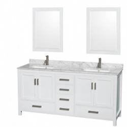 72 inch Double Bathroom Vanity in White, White Carrera Marble Countertop, Undermount Square Sinks, and 24 inch Mirrors