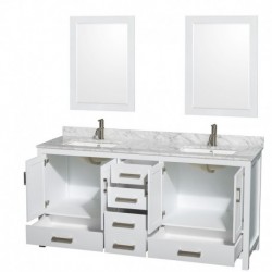 72 inch Double Bathroom Vanity in White, White Carrera Marble Countertop, Undermount Square Sinks, and 24 inch Mirrors