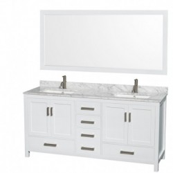 72 inch Double Bathroom Vanity in White, White Carrera Marble Countertop, Undermount Square Sinks, and 70 inch Mirror