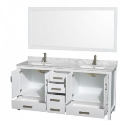 72 inch Double Bathroom Vanity in White, White Carrera Marble Countertop, Undermount Square Sinks, and 70 inch Mirror