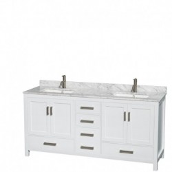 72 inch Double Bathroom Vanity in White, White Carrera Marble Countertop, Undermount Square Sinks, and 70 inch Mirror