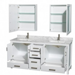 72 inch Double Bathroom Vanity in White, White Carrera Marble Countertop, Undermount Square Sinks, and Medicine Cabinets