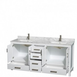 72 inch Double Bathroom Vanity in White, White Carrera Marble Countertop, Undermount Square Sinks, and No Mirror