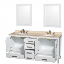 72 inch Double Bathroom Vanity in White, Ivory Marble Countertop, Undermount Oval Sinks, and 24 inch Mirrors