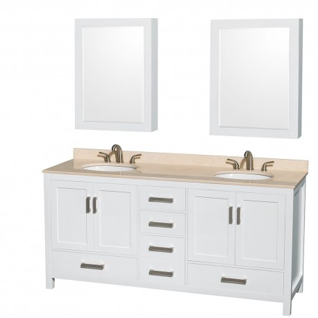 72 inch Double Bathroom Vanity in White, Ivory Marble Countertop, Undermount Oval Sinks, and Medicine Cabinets