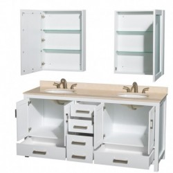 72 inch Double Bathroom Vanity in White, Ivory Marble Countertop, Undermount Oval Sinks, and Medicine Cabinets