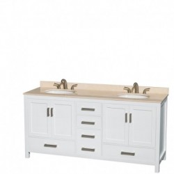 72 inch Double Bathroom Vanity in White, Ivory Marble Countertop, Undermount Oval Sinks, and Medicine Cabinets