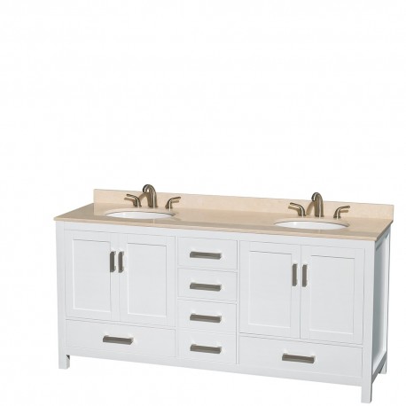 72 inch Double Bathroom Vanity in White, Ivory Marble Countertop, Undermount Oval Sinks, and No Mirror