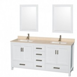 72 inch Double Bathroom Vanity in White, Ivory Marble Countertop, Undermount Square Sinks, and 24 inch Mirrors