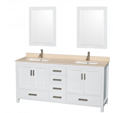 72 inch Double Bathroom Vanity in White, Ivory Marble Countertop, Undermount Square Sinks, and 24 inch Mirrors