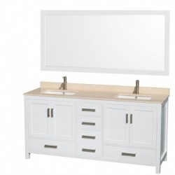 72 inch Double Bathroom Vanity in White, Ivory Marble Countertop, Undermount Square Sinks, and 70 inch Mirror