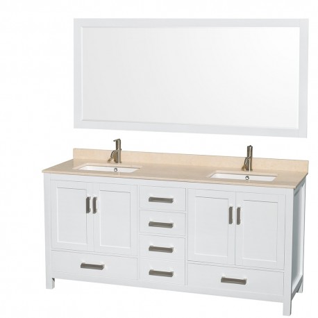 72 inch Double Bathroom Vanity in White, Ivory Marble Countertop, Undermount Square Sinks, and 70 inch Mirror