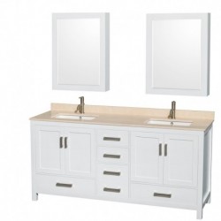72 inch Double Bathroom Vanity in White, Ivory Marble Countertop, Undermount Square Sinks, and Medicine Cabinets