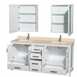 72 inch Double Bathroom Vanity in White, Ivory Marble Countertop, Undermount Square Sinks, and Medicine Cabinets