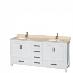 72 inch Double Bathroom Vanity in White, Ivory Marble Countertop, Undermount Square Sinks, and No Mirror