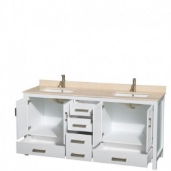 72 inch Double Bathroom Vanity in White, Ivory Marble Countertop, Undermount Square Sinks, and No Mirror