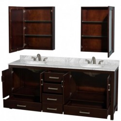 80 inch Double Bathroom Vanity in Espresso, White Carrera Marble Countertop, Undermount Oval Sinks, and Medicine Cabinets